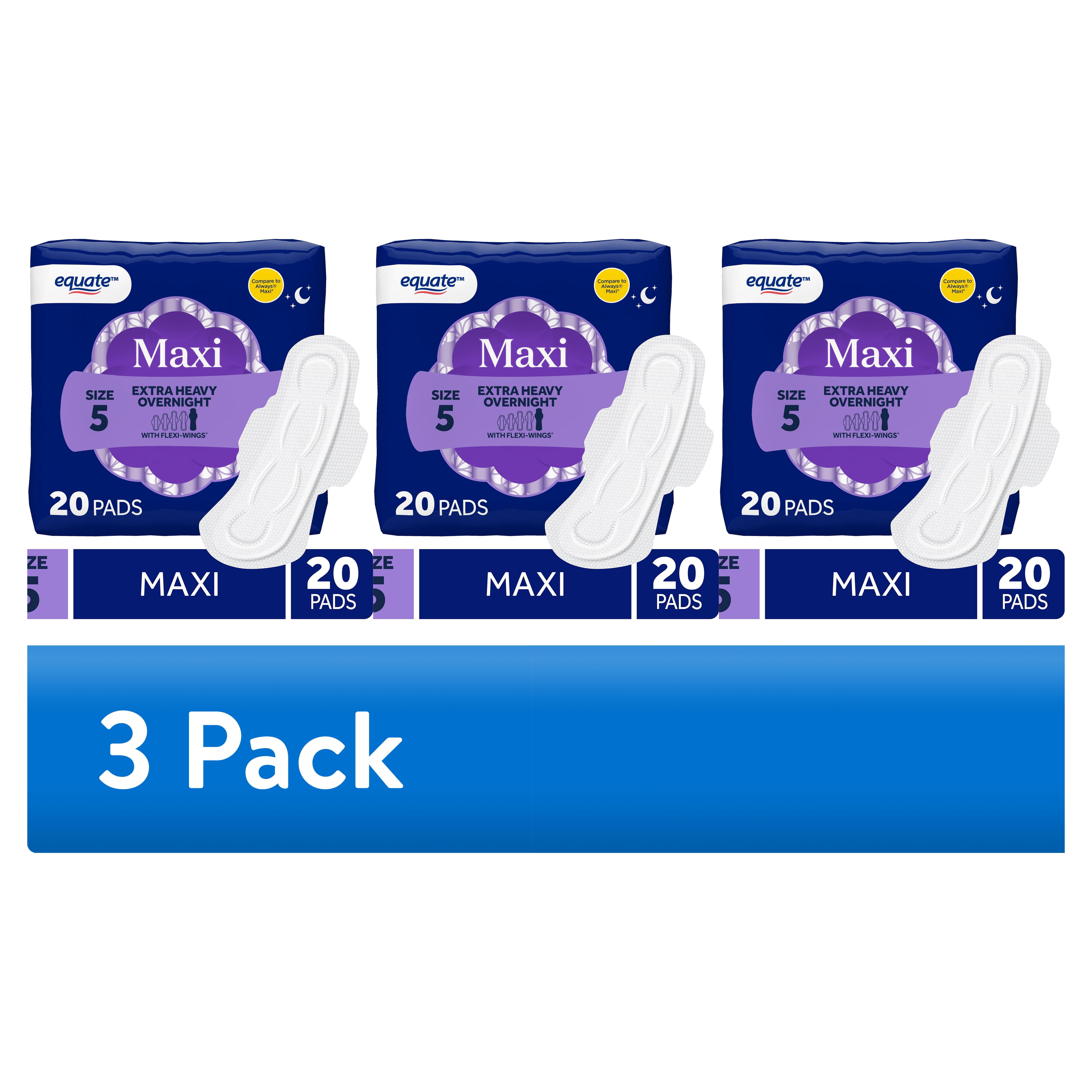 (3 pack) Equate Maxi Pads with Flexi-Wings, Extra Heavy Overnight Absorbency, Size 5, 20 Count