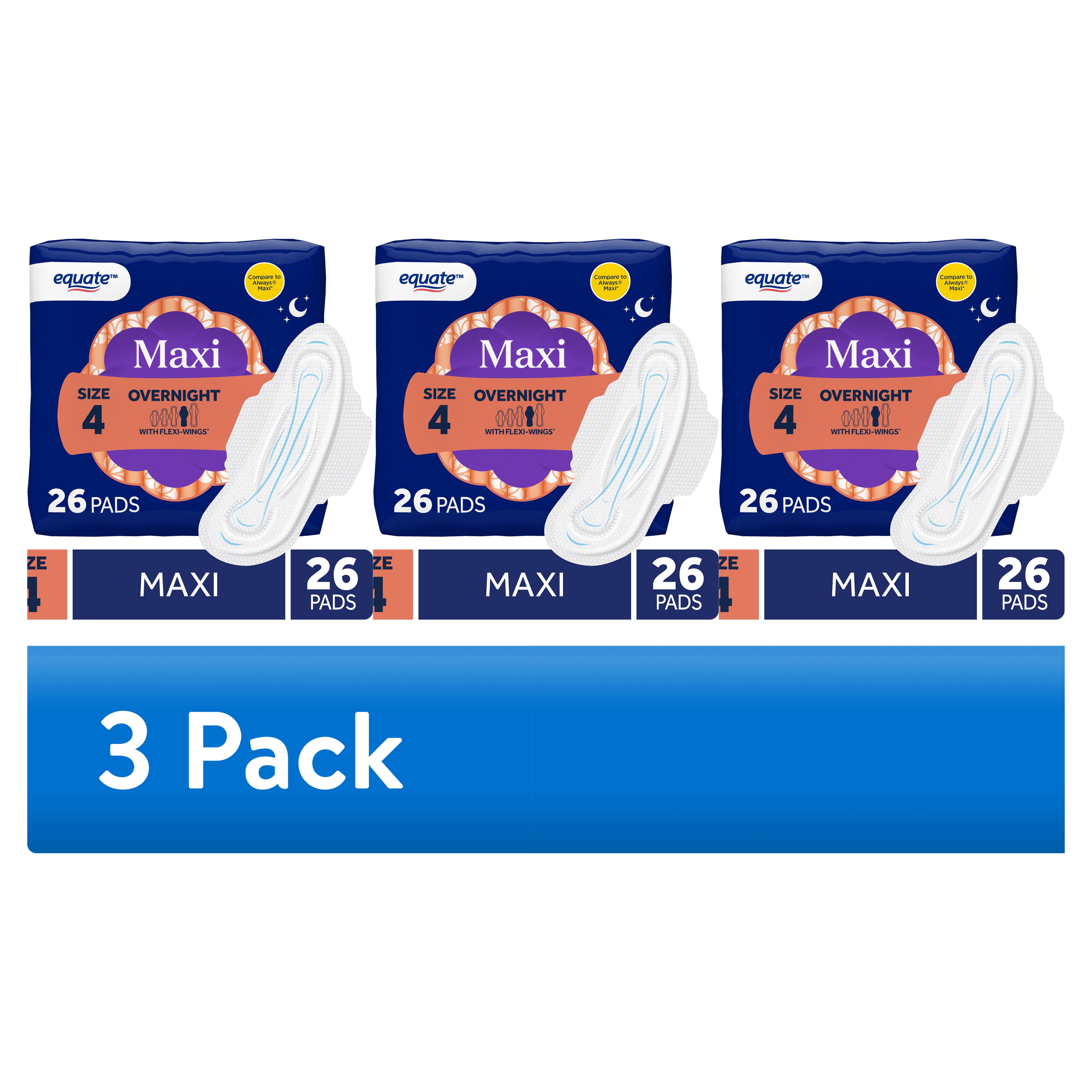 (3 pack) Equate Overnight Maxi Pads with Flexi-Wings, Overnight Absorbency, Size 4, 26 Count