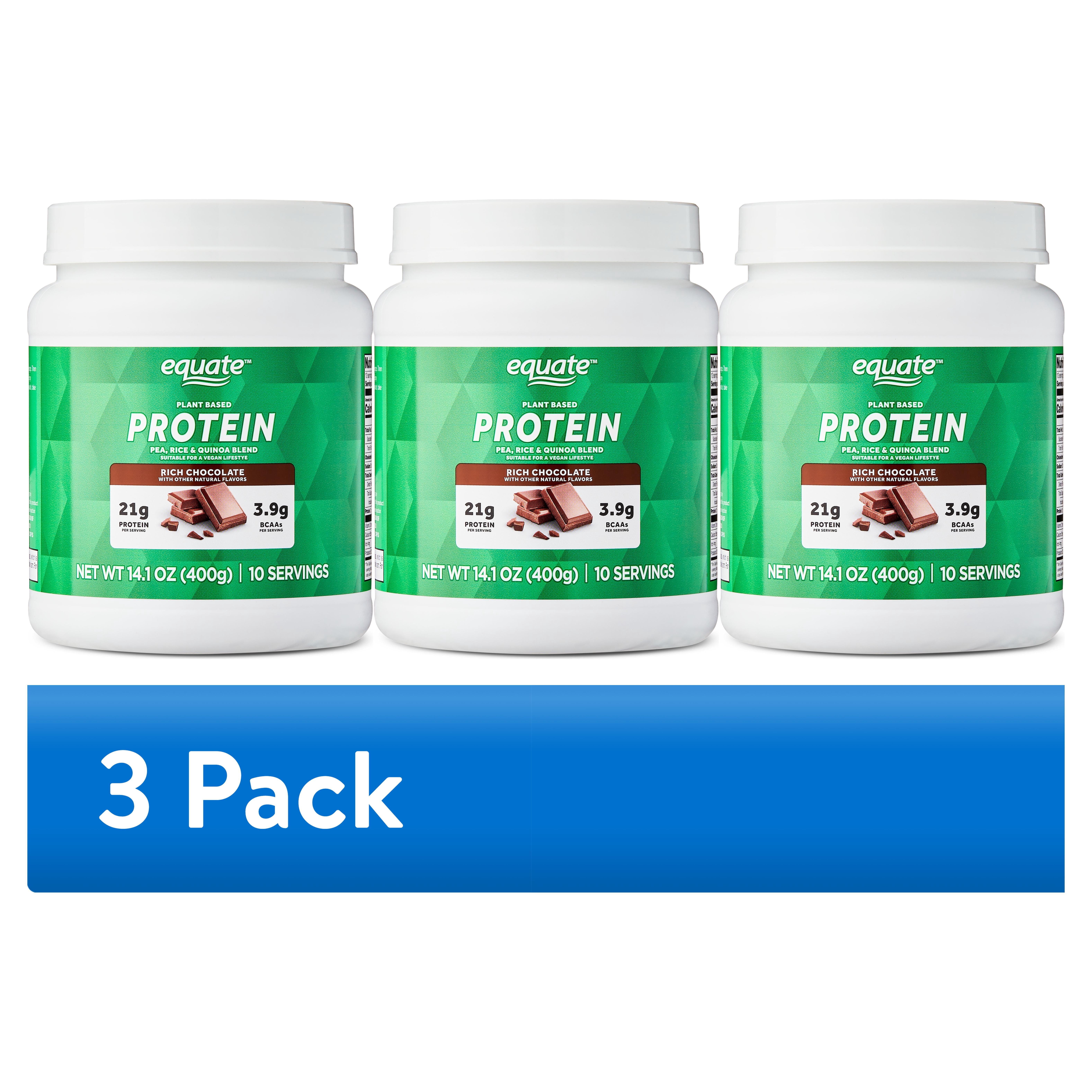 (3 pack) Equate Plant-Based Protein Powder Supplement, Rich Chocolate, 14.1 oz