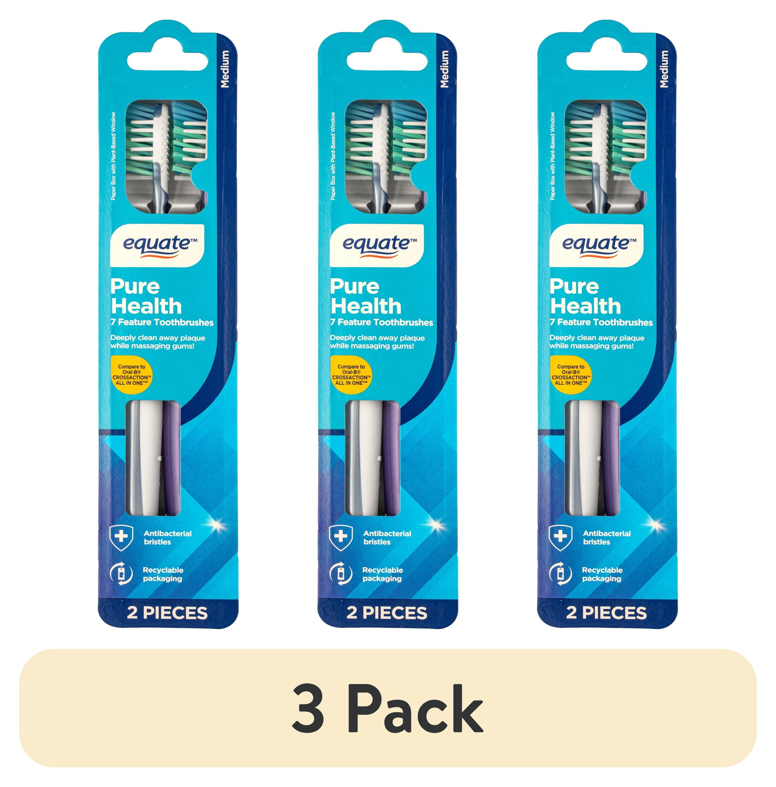 (3 pack) Equate Pure Health Toothbrush with Tongue & Cheek Cleaner, Medium Bristles (2 Count), Compare to Oral-B Crossaction All In One