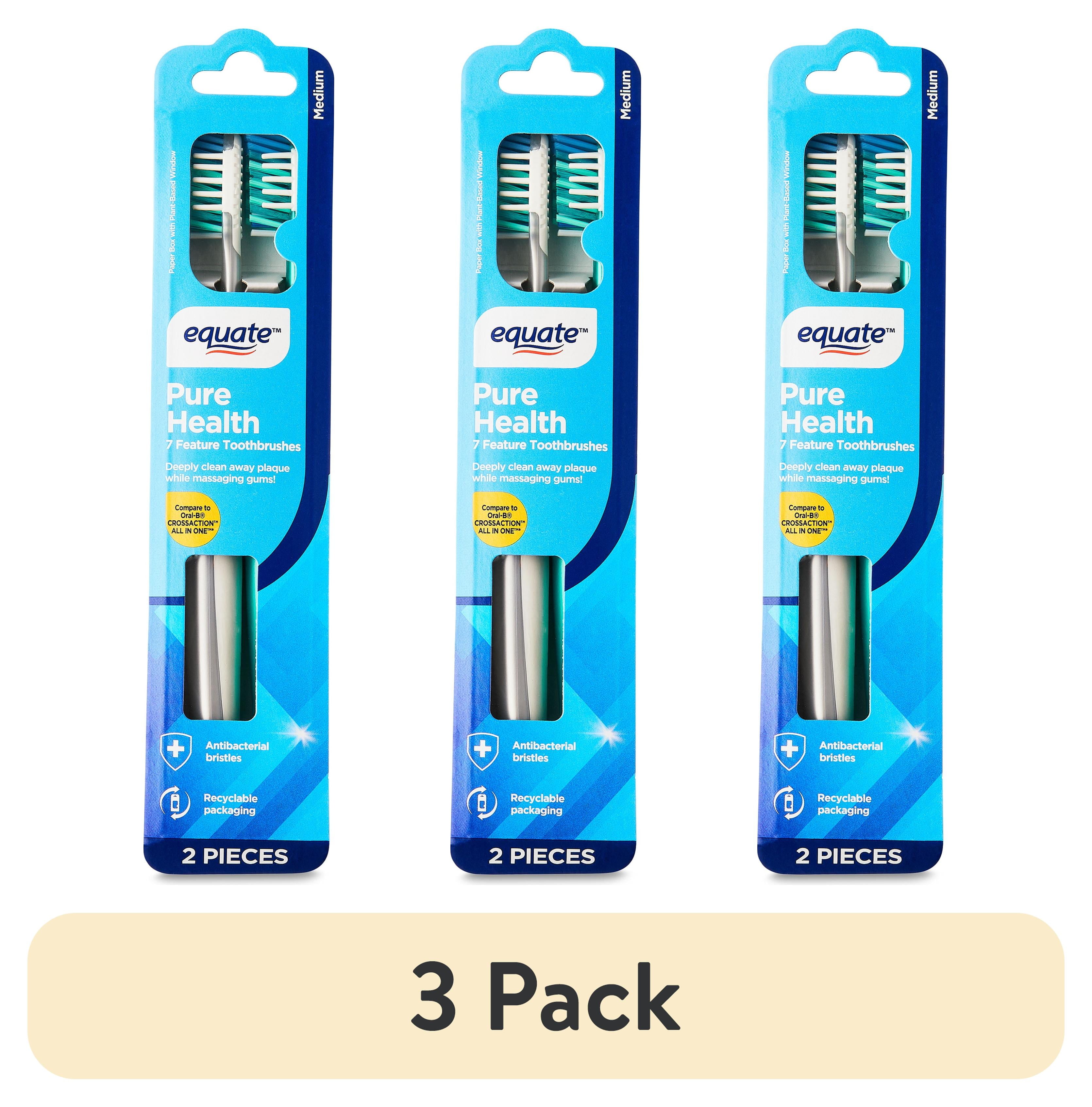 (3 pack) Equate Pure Health Toothbrush with Tongue & Cheek Cleaner, Medium Bristles (2 Count), Compare to Oral-B Crossaction All In One