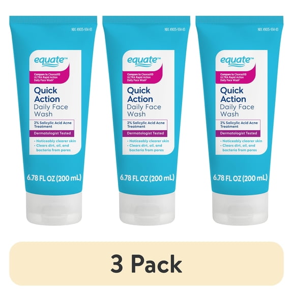 (3 pack) Equate Quick Action Daily Face Wash 2% Salicylic Acid Acne Treatment, 6.78 fl oz