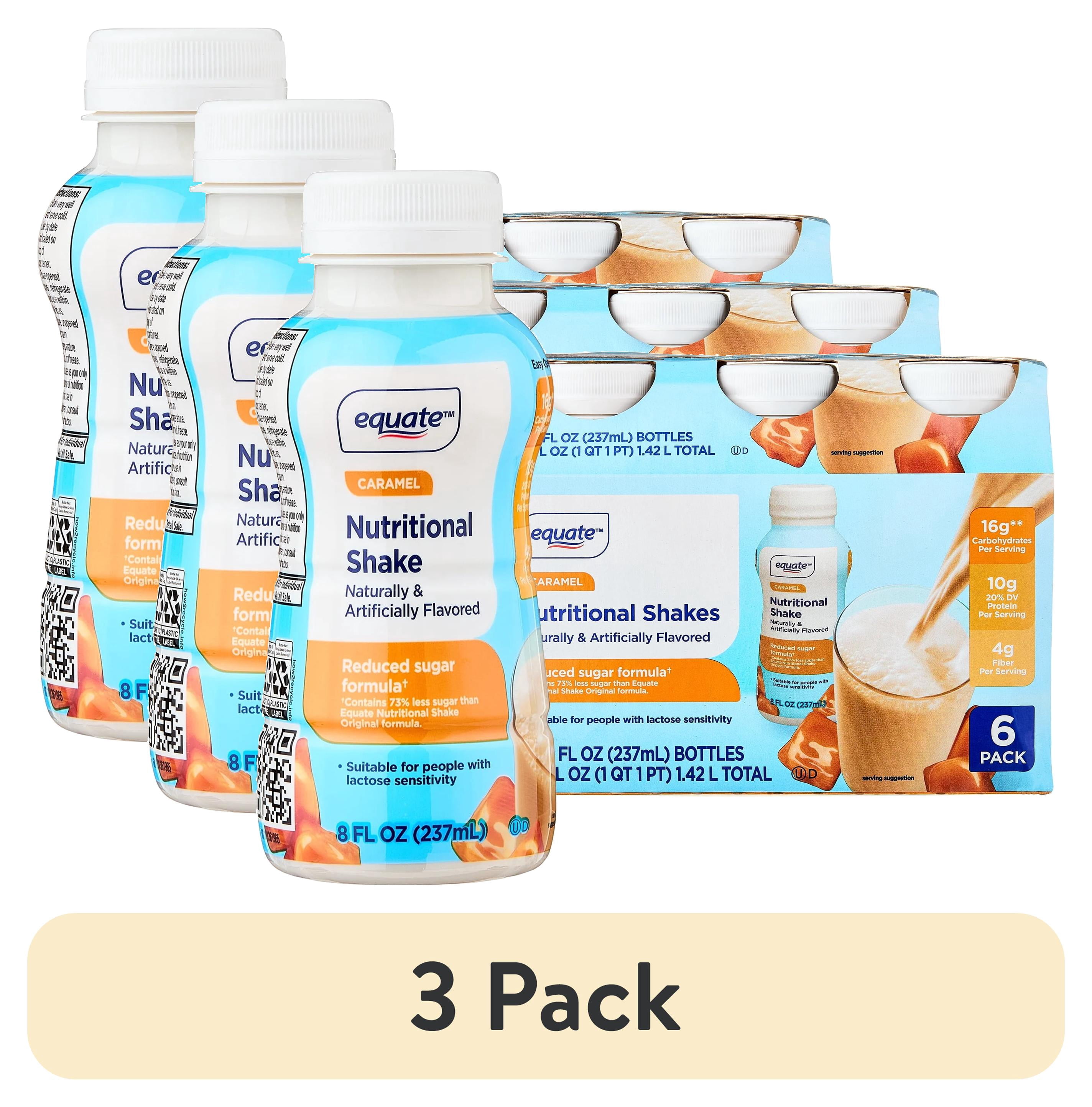 (3 pack) Equate Reduced Sugar Formula Nutritional Shakes, Caramel, 8 fl oz, 6 Count