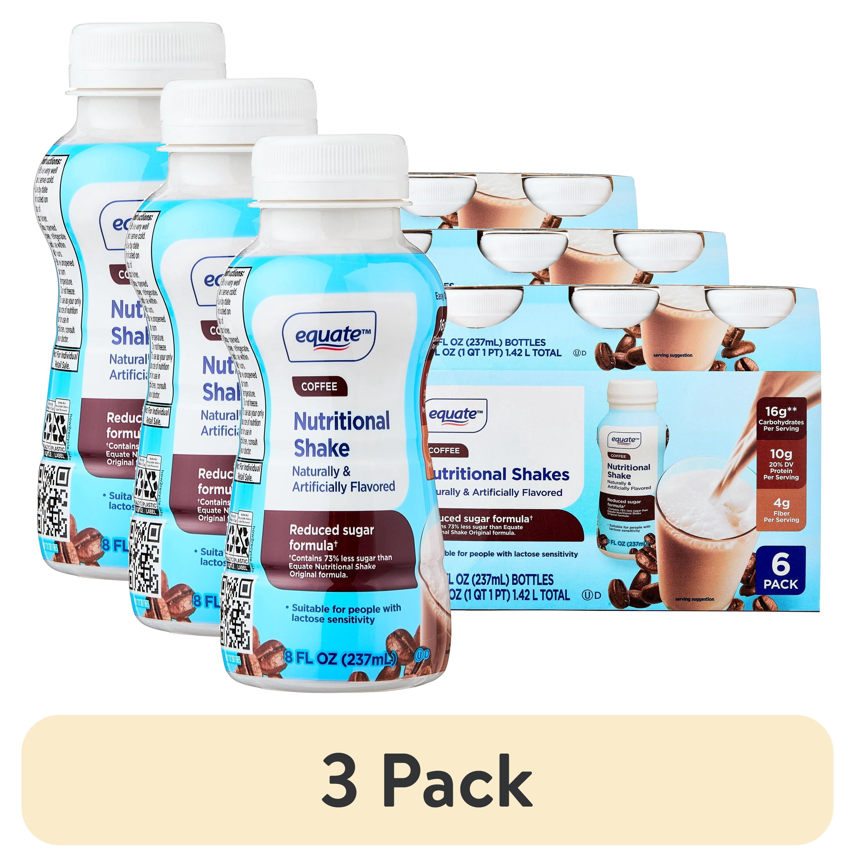(3 pack) Equate Reduced Sugar Formula Nutritional Shakes, Coffee, 8 fl oz, 6 Count
