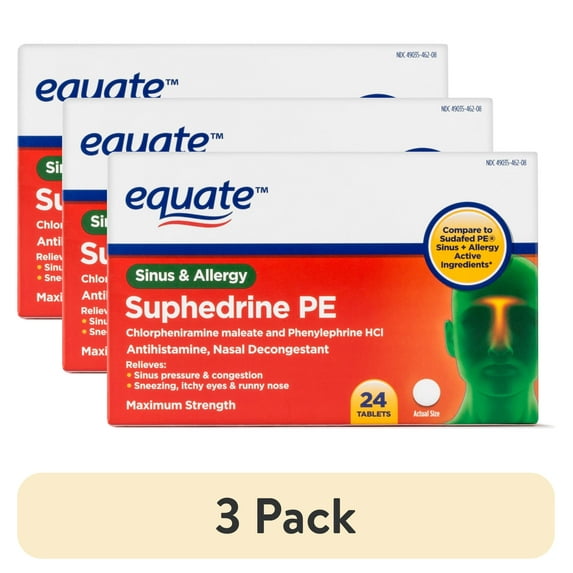 (3 pack) Equate Sinus & Allergy Suphedrine PE Nasal Decongestant Tablets, 24 Count