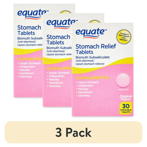 (3 pack) Equate Stomach Relief Chewable Tablets, 262 mg, 30 Count, Compare to Pepto-Bismol® Active Ingredient