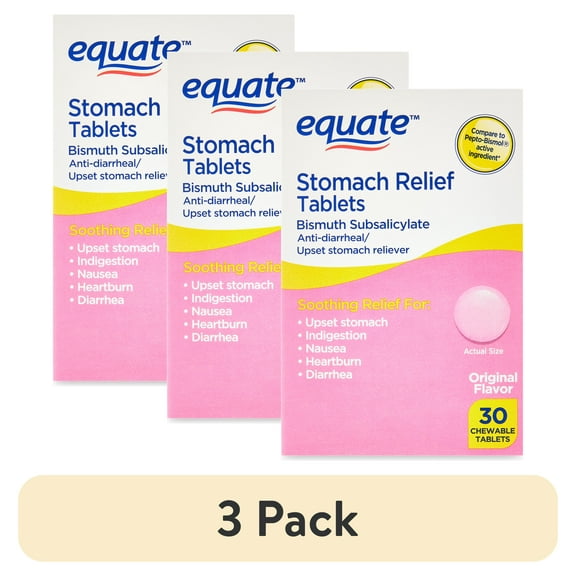 (3 pack) Equate Stomach Relief Chewable Tablets, 262 mg, 30 Count, Compare to Pepto-Bismol Active Ingredient