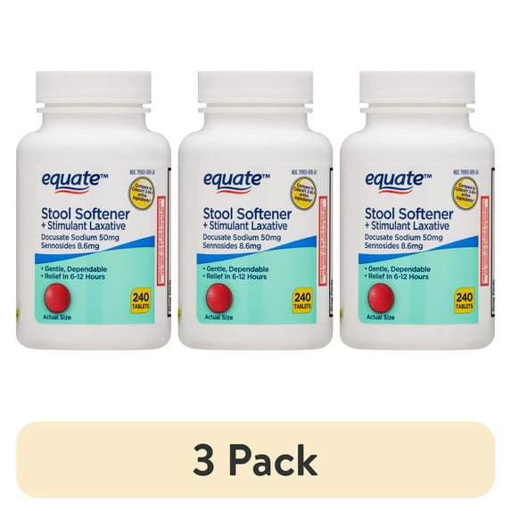 (3 pack) Equate Stool Softener Plus Stimulant Laxative Tablets for Constipation, 240 Count, Compare to Colace® 2-IN-1 Active Ingredients