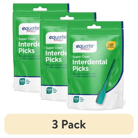 (3 pack) Equate Super Clean Interdental Brushes with Travel Case, 100 Count