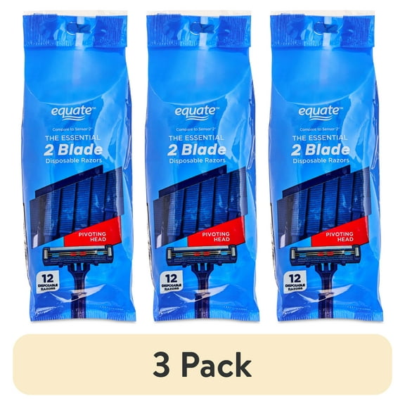 (3 pack) Equate 2 Blade Disposable Razors with Pivoting Head (12 Count), Compare to Gillette® Sensor®2