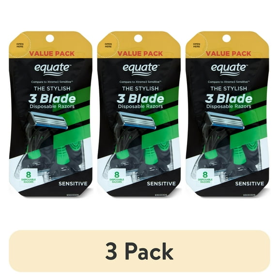 (3 pack) Equate Men's 3 Blade Disposable Razors, Sensitive (8 Count), Compare to Schick® Xtreme3 Sensitive™