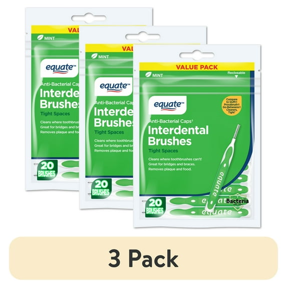 (3 pack) Equate Interdental Brushes with Antibacterial Caps, Mint, Tight, 20 Count