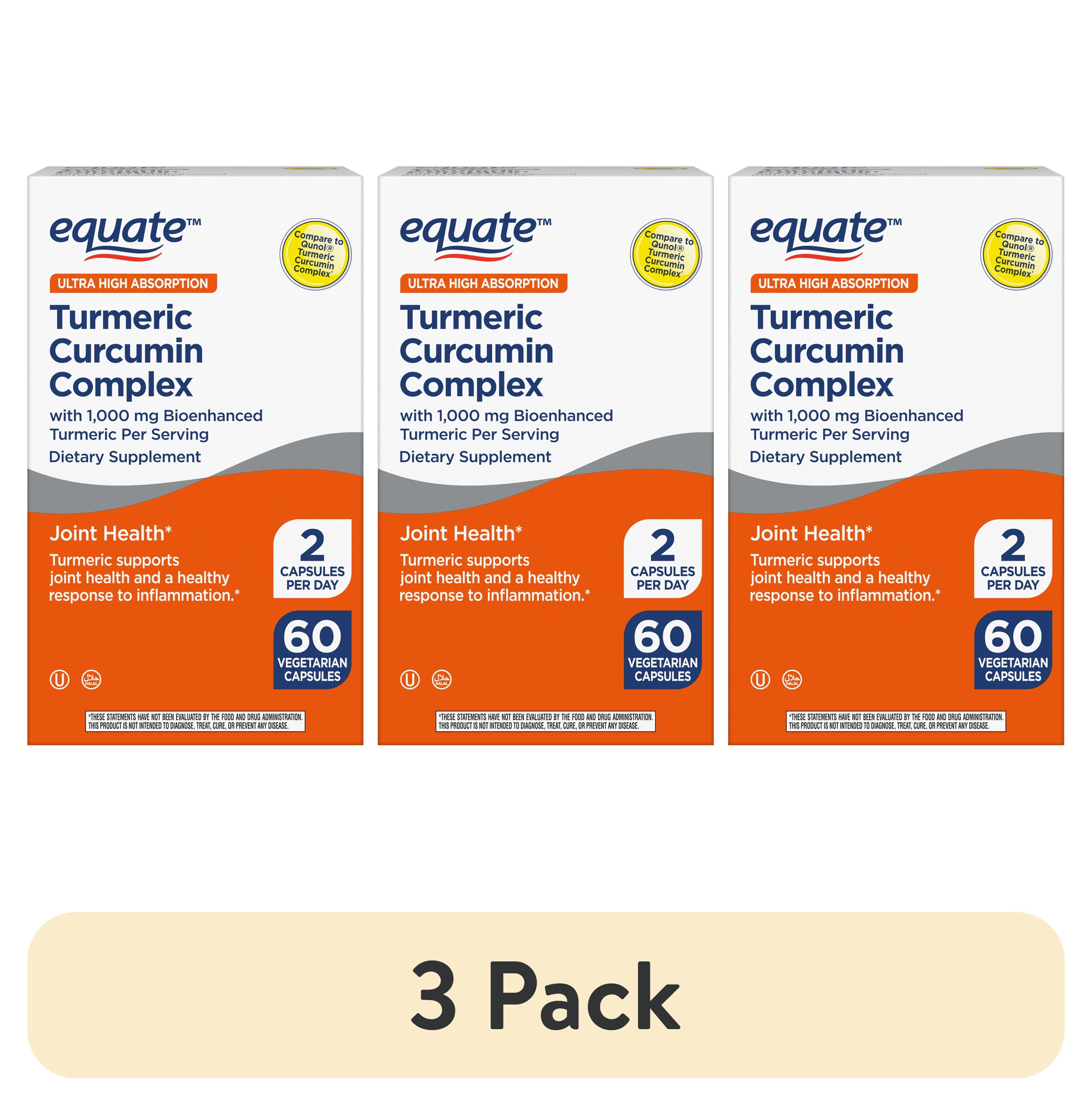 (3 pack) Equate Turmeric Curcumin Complex 1,000mg Capsules, 60 count
