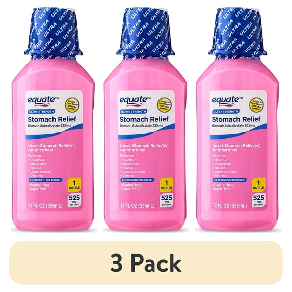 (3 pack) Equate Ultra Strength Upset Stomach Relief Bismuth Liquid, 12 fl oz, Compare to Pepto-Bismol® Ultra Active Ingredient