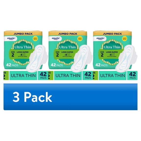 (3 pack) Equate Ultra Thin Pads with Flexi-Wings, Long Super Absorbency, Size 2, 42 Count
