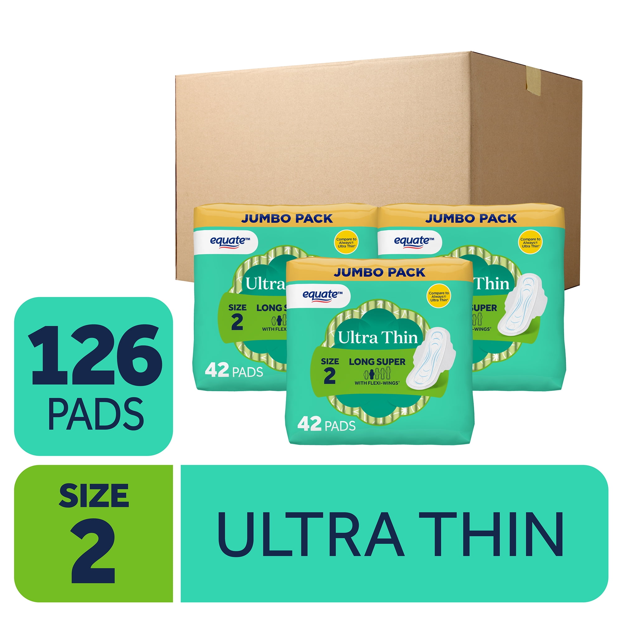(3 pack) Equate Ultra Thin Pads with Flexi-Wings, Long Super Absorbency, Size 2, 42 Count