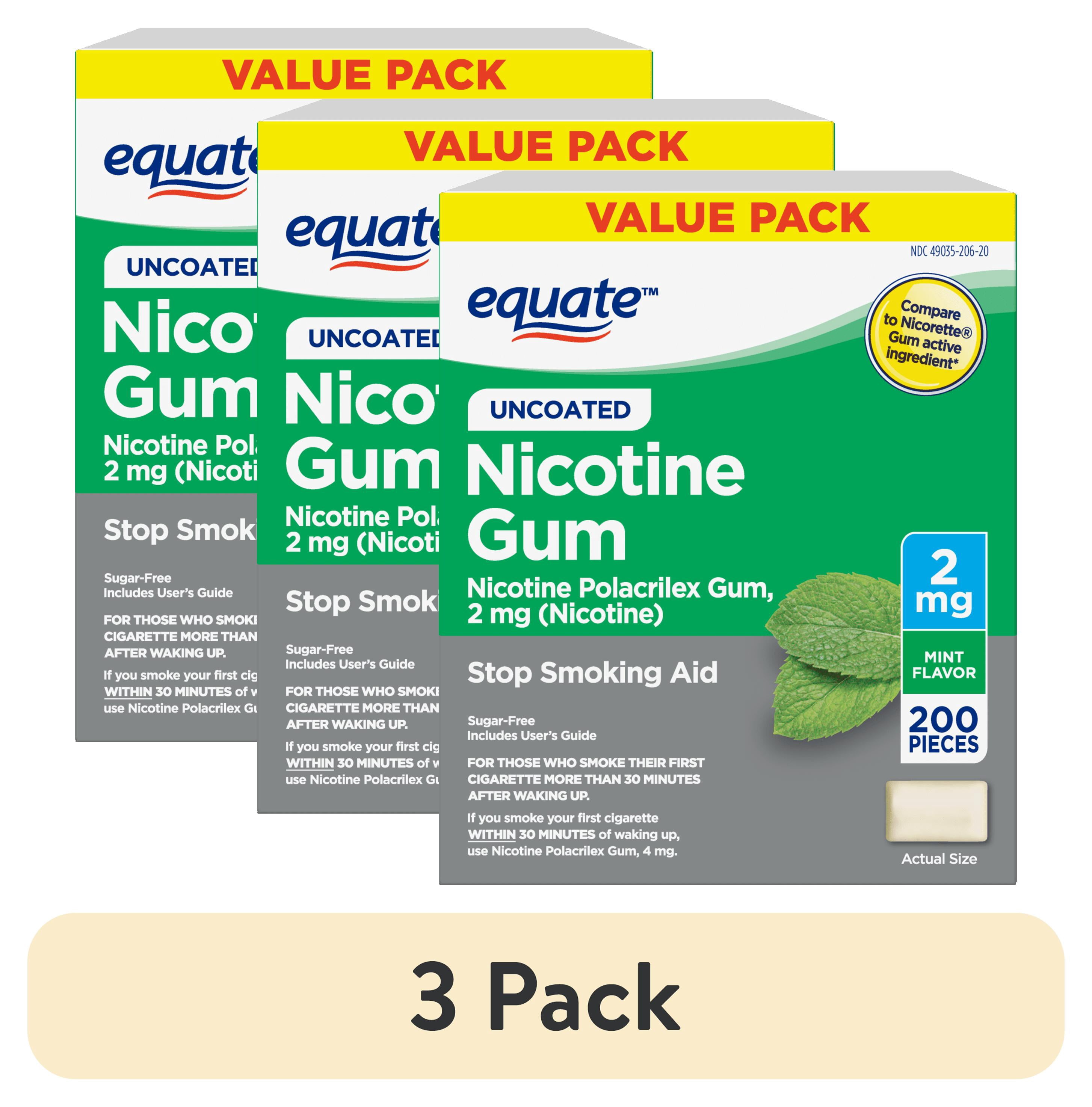 (3 pack) Equate Uncoated Nicotine Polacrilex Gum, 2 mg (nicotine), Stop Smoking Aid, Mint, 200 Ct
