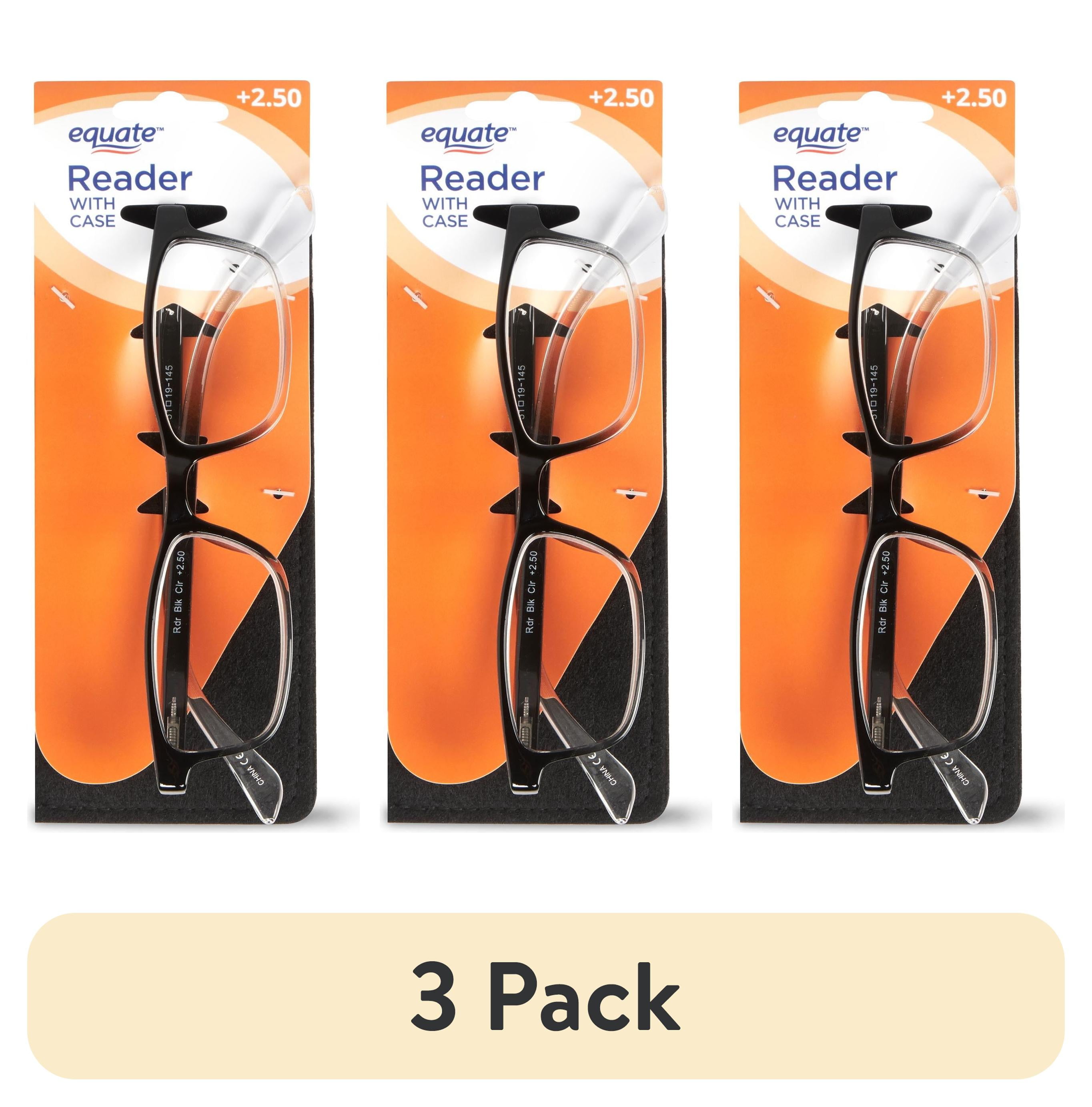 (3 pack) Equate Unisex Full Rim Reading Glasses with Case, Single Vision, Plastic Lens, Black/Clear, +2.50