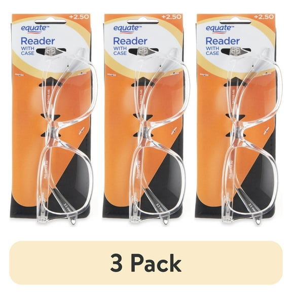 (3 pack) Equate Unisex Reader Glasses with Case, Plastic Lens, Clear Color, +2.50