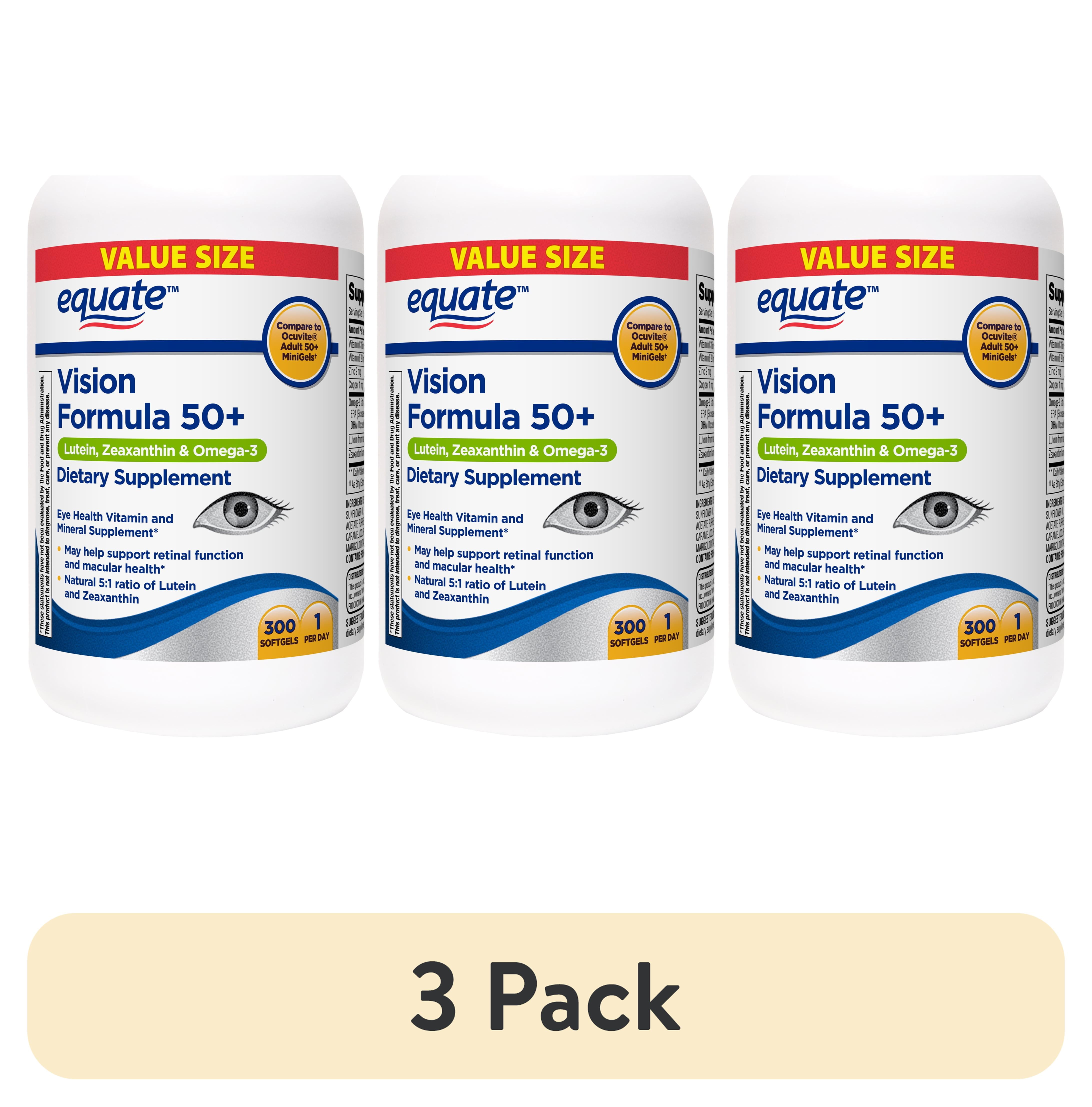 (3 pack) Equate Vision Formula 50+ Soft Gels Dietary Supplement Value Size, 300 Count, Compare to Ocuvite® Adult 50+ Minigels
