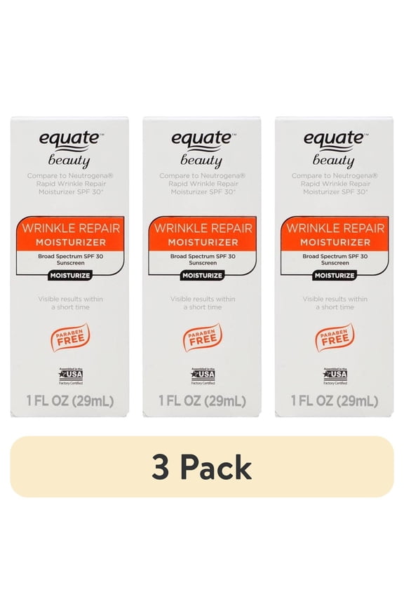 (3 pack) Equate Wrinkle Repair Moisturizer with SPF 30 Sunscreen for Face Care, 1 fl oz, Compare to Neutrogena® Rapid Wrinkle Repair Moisturizer SPF 30