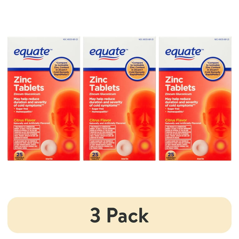 3 pack) Equate Zinc Chewable Tablets, Citrus Flavor, 25 Count for