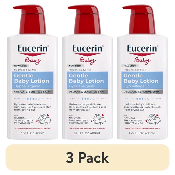 (3 pack) Eucerin Baby Lotion with Provitamin B5 and Shea Butter, Hypoallergenic, Fragrance Free, 13.5 fl oz