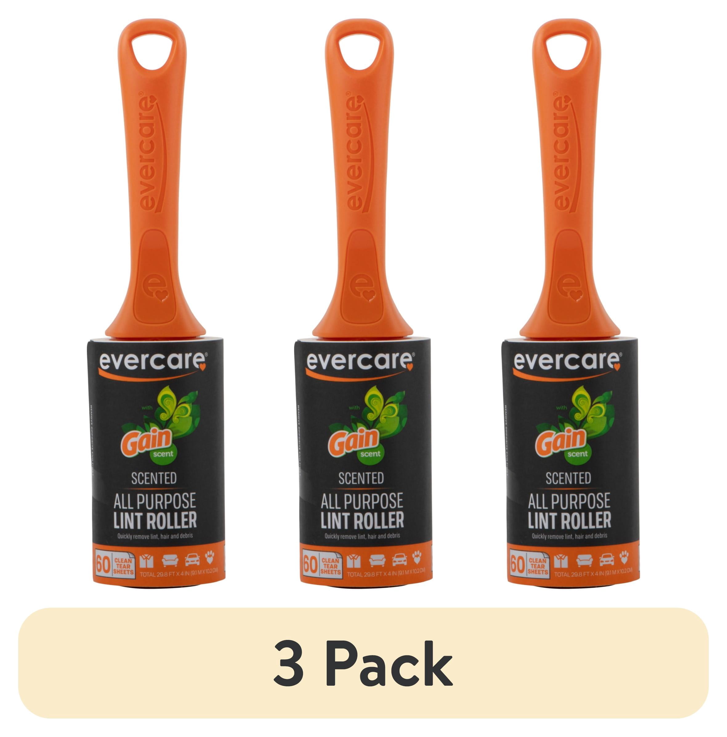 (3 pack) Evercare Gain‑Scented Lint Roller – 60 Sheets per Roll, Refillable, Easy Tear, Clothing, Pet, Furniture, Travel, Orange Scent