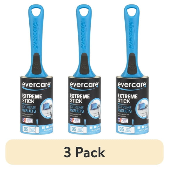 (3 pack) Evercare All‑Purpose Lint Roller – 95 Sheets per Roll, Refillable, Extra Sticky, Pets, Clothing, Furniture, Crafts, Travel