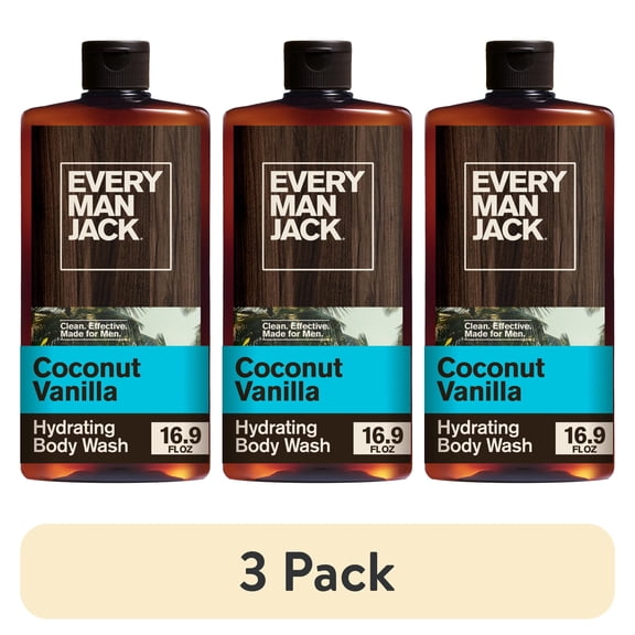 (3 pack) Every Man Jack Coconut Vanilla Hydrating Body Wash for Men, Naturally Derived, 16.9 fl. oz