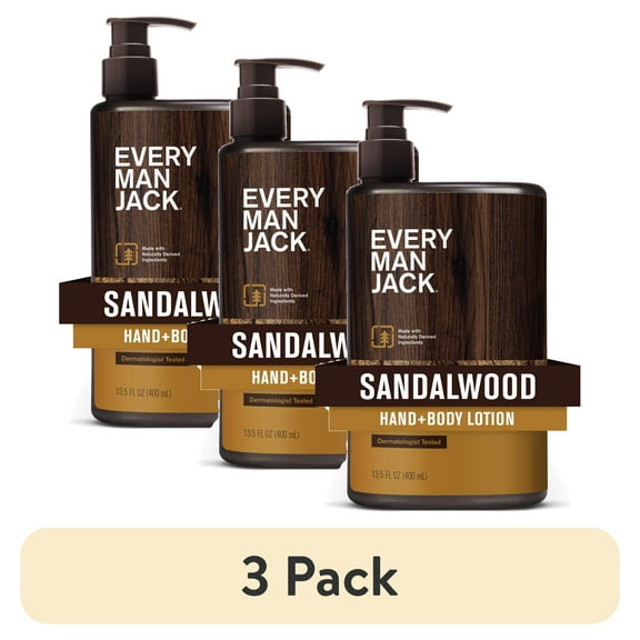 (3 pack) Every Man Jack Mens Sandalwood Hand & Body Lotion for All Skin Types - Dermatologist Tested & Hypoallergenic - Nourish Skin with Lightweight Fast Absorbing Natural Lotion - 13.5oz