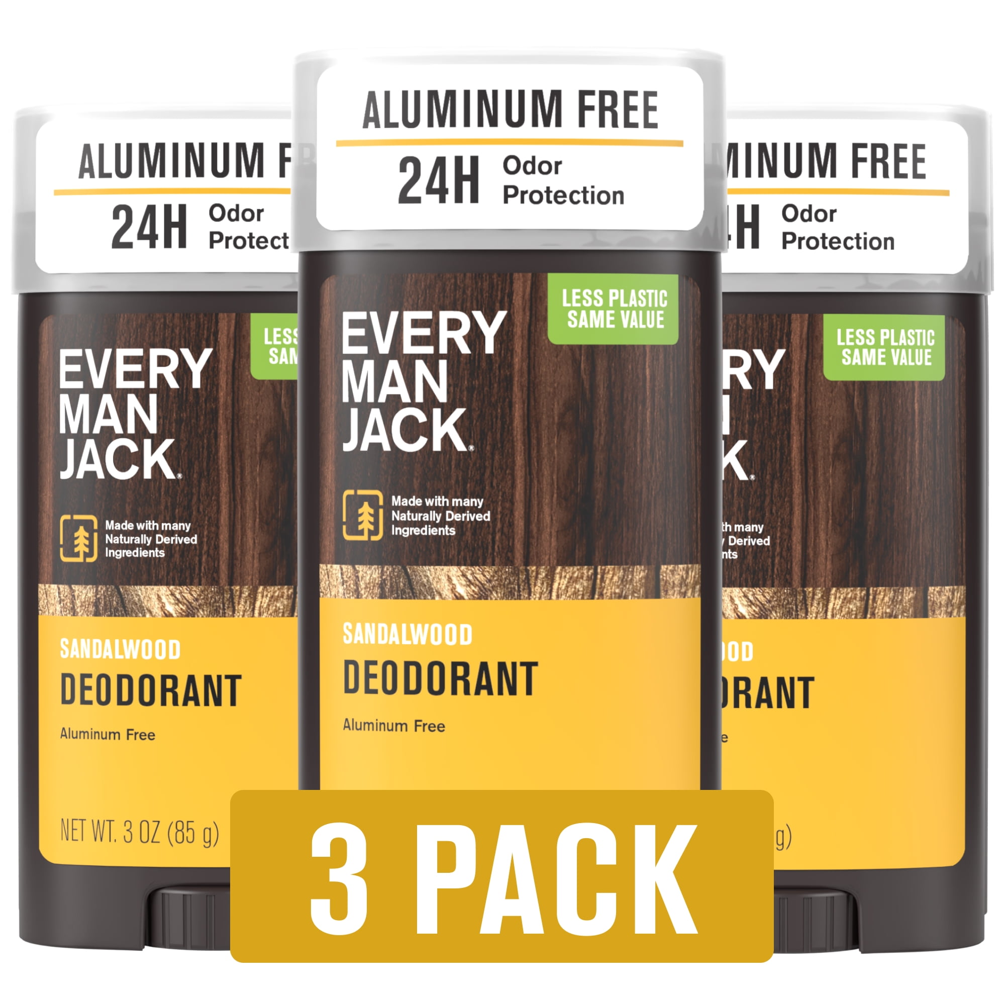 (3 pack) Every Man Jack Men's Aluminum Free Natural Deodorant for Odor Protection, Sandalwood, 3 oz
