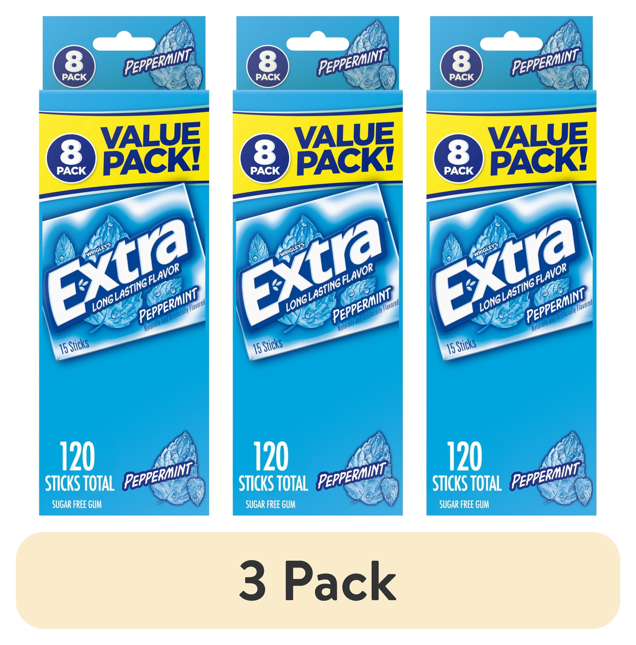 (3 pack) EXTRA Peppermint Sugar Free Chewing Gum, 8 Count Bulk Pack, 15 Pieces Per Pack