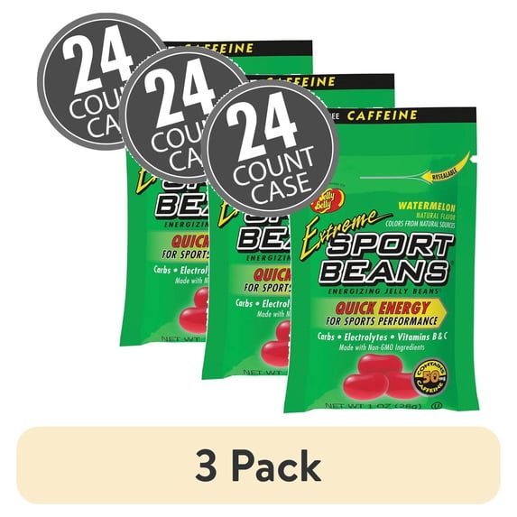 (3 pack) Extreme Sport Beans - Watermelon Flavor, Energizing Caffeine Jelly Beans, 24 Resealable 1 Ounce Bags