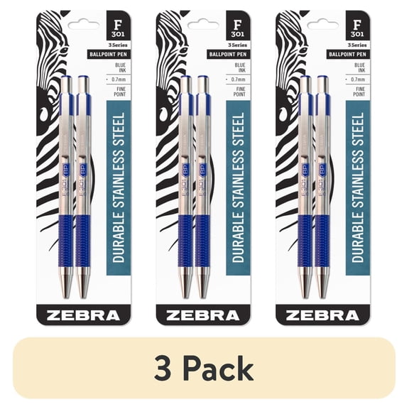 (3 pack) Zebra Pen F-301 Ballpoint Stainless Steel Retractable Pen, 0.7mm, Blue Ink, 2-Pack