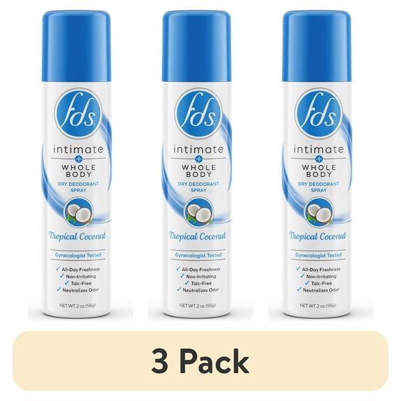 (3 pack) FDS Intimate + Body Dry Feminine Deodorant Spray, Tropical Coconut, 2 oz