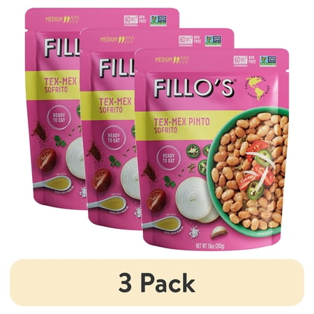 (3 pack) FILLO'S Tex Mex Pinto Beans Medium Spice - Single Pouch, 10 oz