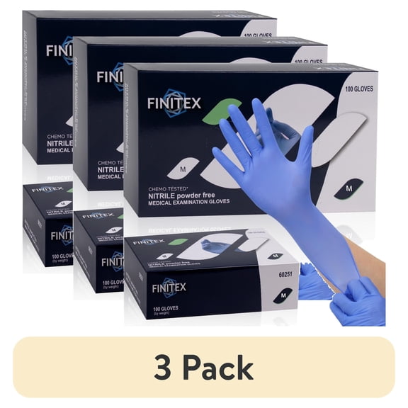 (3 pack) FINITEX Nitrile Disposable Gloves, Blue Medical Exam Gloves 100 of Pack, Latex-free, Rubber Free, Food Safe Examination Chemo Glove, 3.2 Mil, Medium