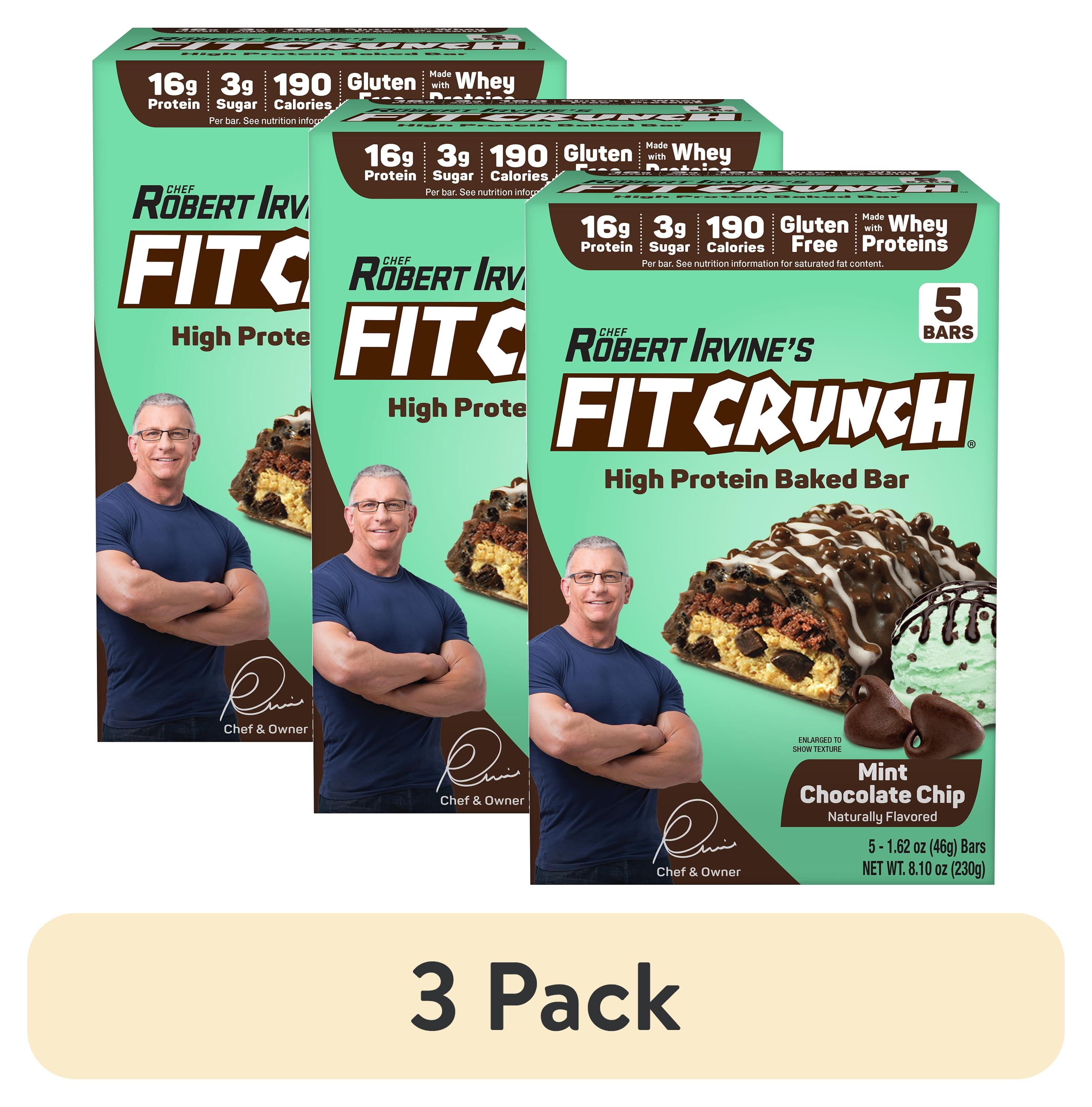 (3 pack) FITCRUNCH High Protein Baked Bar, Mint Chocolate Chip, 16g Protein, 5 Count