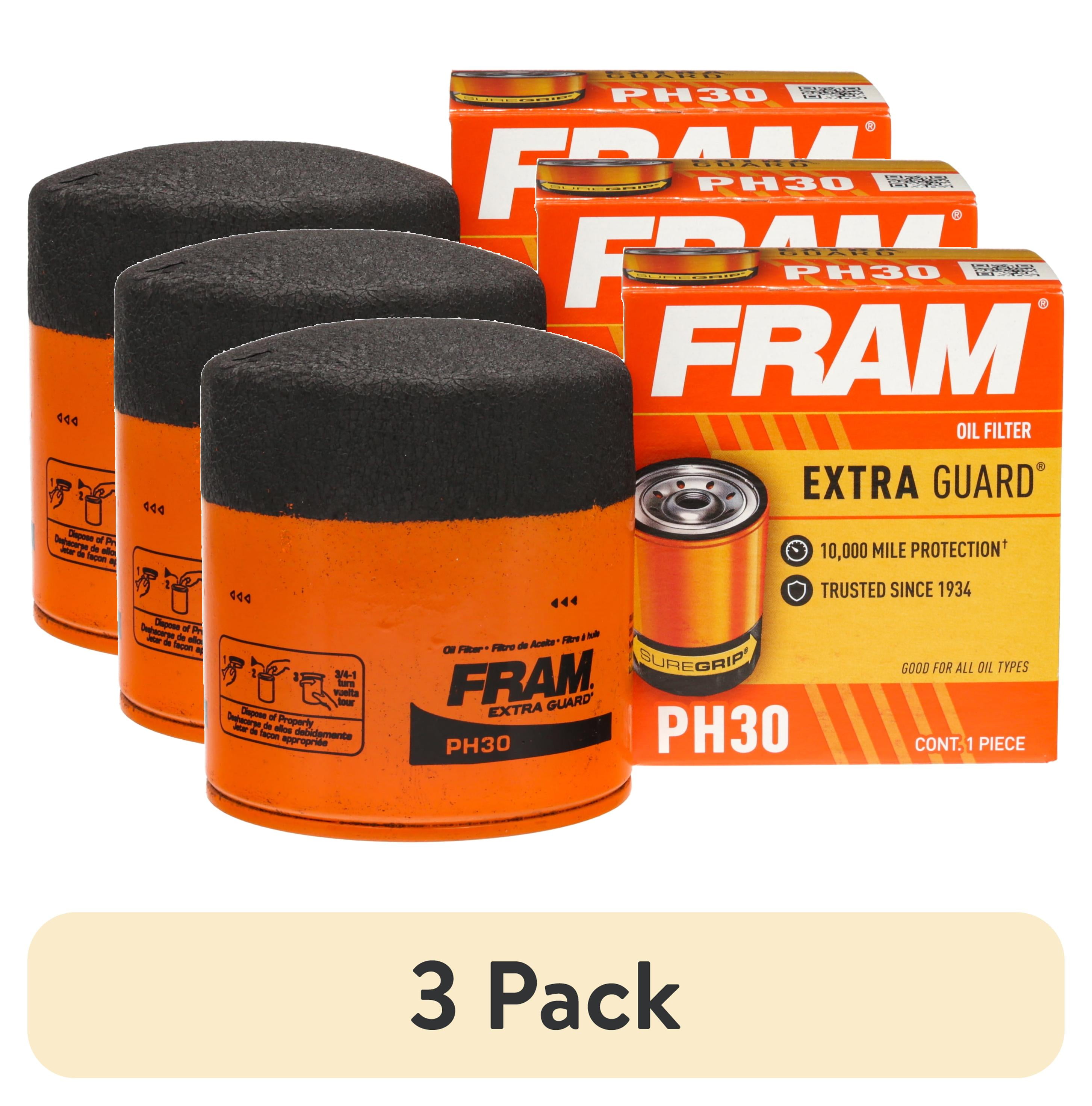 (3 pack) FRAM Extra Guard Oil Filter, PH30, 10K Miles, Replacement Oil