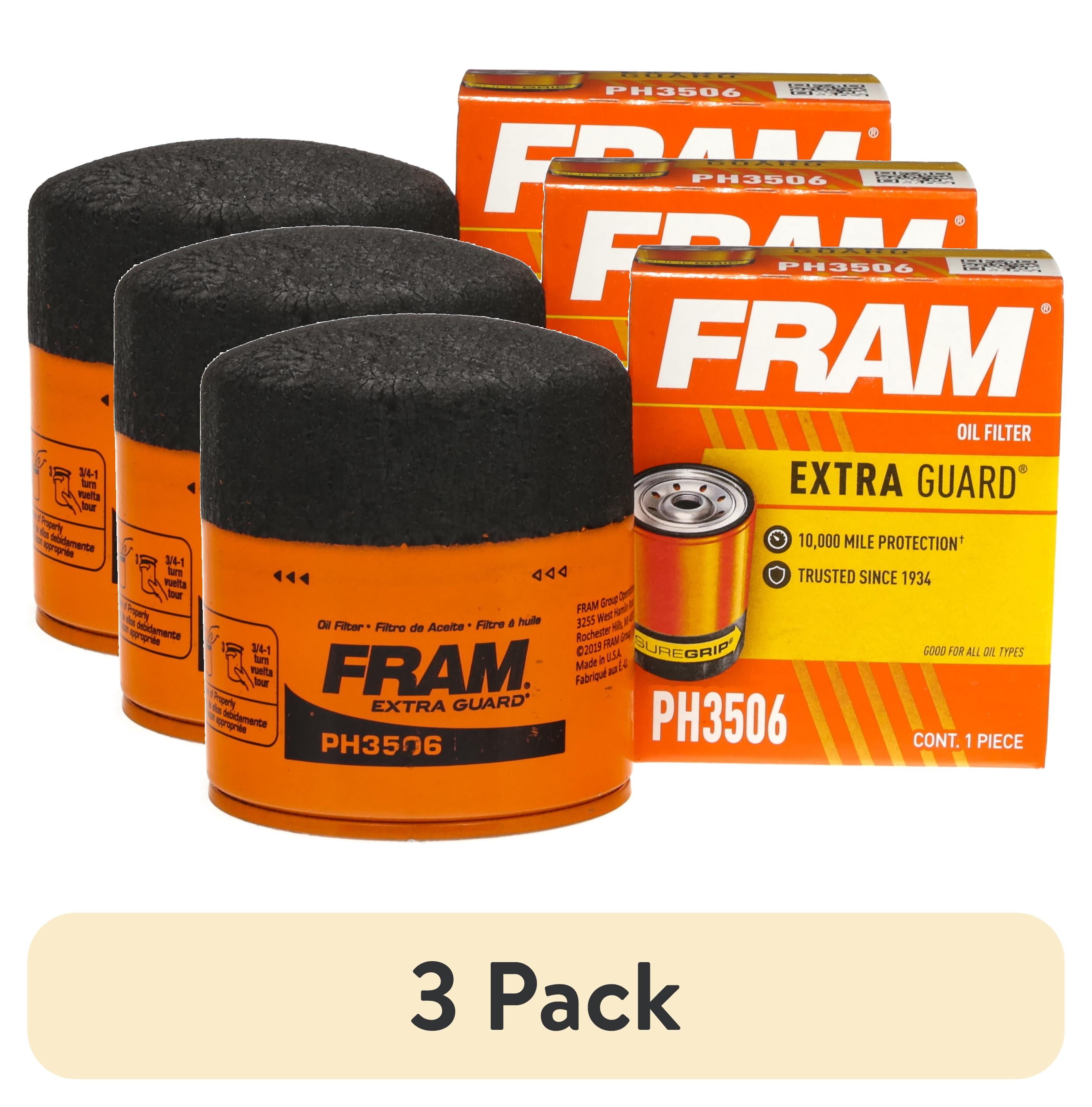(3 pack) FRAM Extra Guard Oil Filter, PH3506, 10K Miles, Replacement Oil Filter Fits Select Vehicles