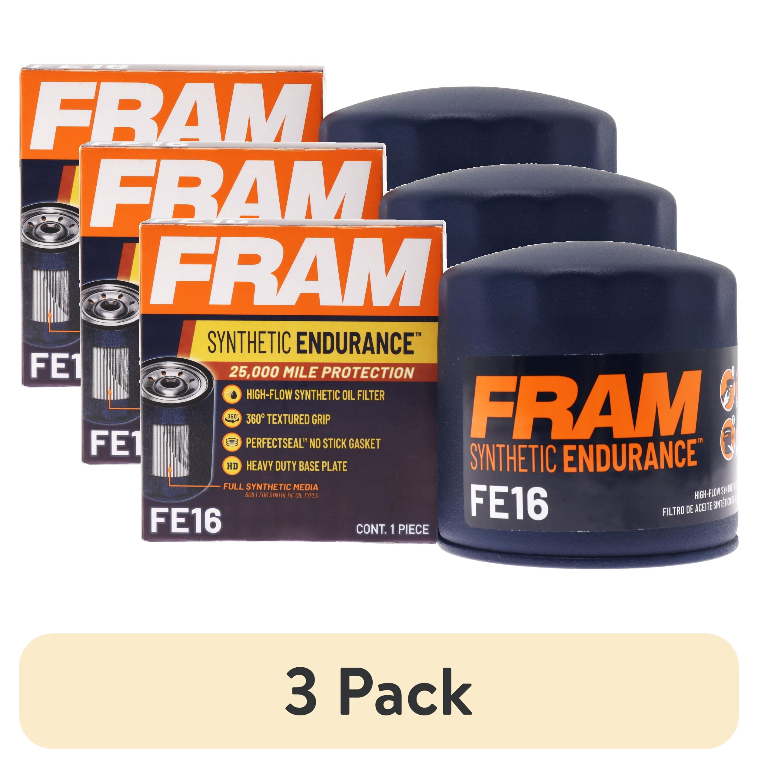 (3 pack) FRAM Synthetic Endurance Premium Oil Filter, FE16, 25K Miles, Replacement Filter for Select Vehicles