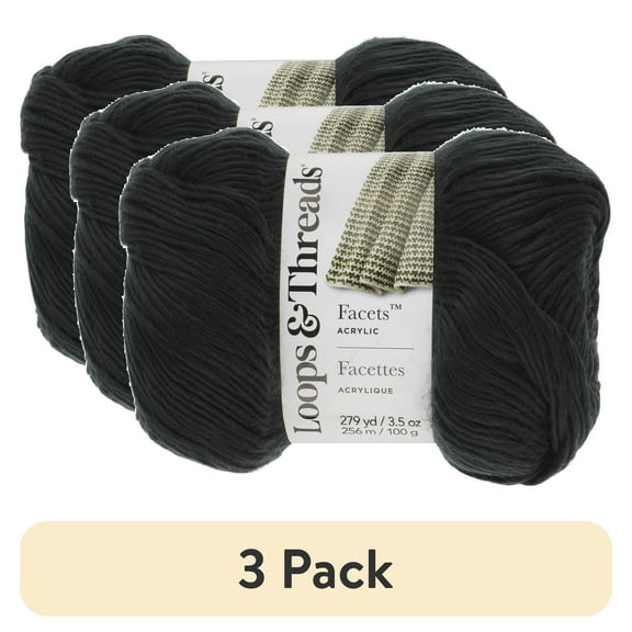 (3 pack) Facets Yarn by Loops & Threads - Yarn for Knitting - Crochet - Weaving - and Arts & Crafts - Black - Acrylic - 3.5 oz
