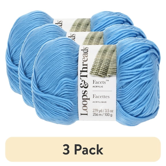 (3 pack) Facets Yarn by Loops & Threads - Yarn for Knitting - Crochet - Weaving - and Arts & Crafts - Blue - Acrylic - 3.5 oz