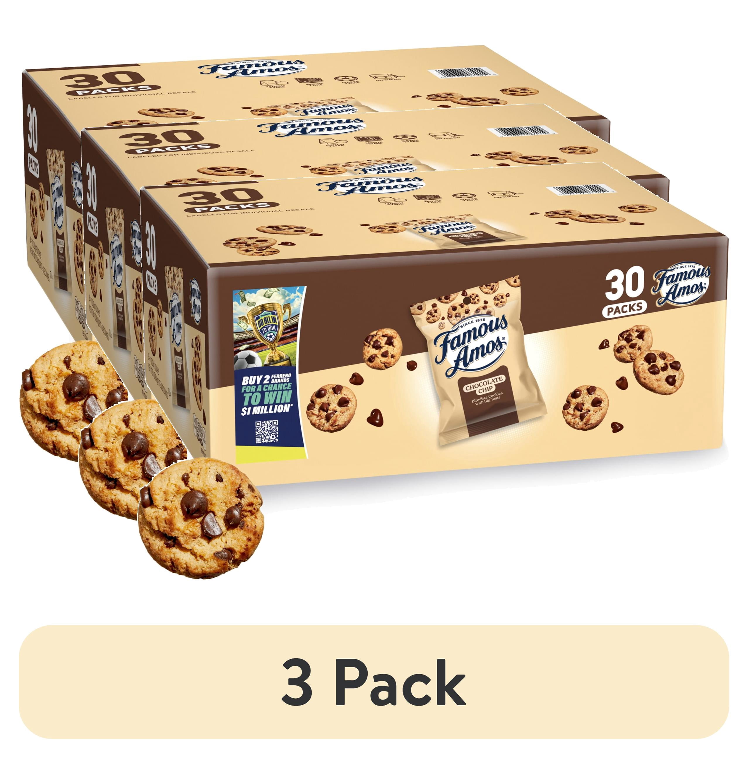(3 pack) Famous Amos Classic Chocolate Chip Cookies, Bite-size cookies, Sweet Treats, 30 Pack Box, 1 oz Bag