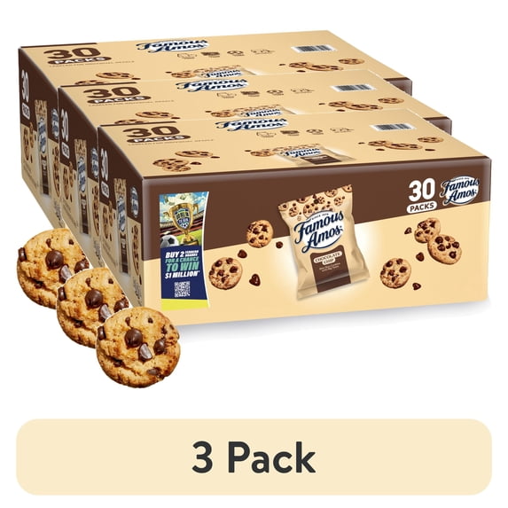 (3 pack) Famous Amos Classic Chocolate Chip Cookies, Bite-size cookies, Sweet Treats, 30 Pack Box, 1 oz Bag