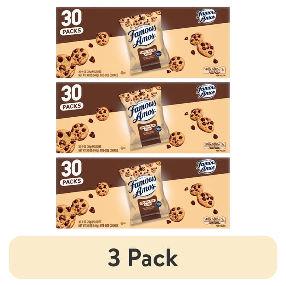 (3 pack) Famous Amos Classic Chocolate Chip Cookies, Bite-size cookies, Sweet Treats, 30 Pack Box, 1 oz Bag