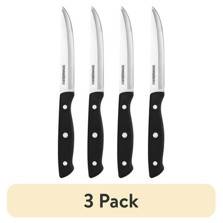 (3 pack) Farberware Classic 4-Piece Stainless Steel Steak Knife Set, Black Handles
