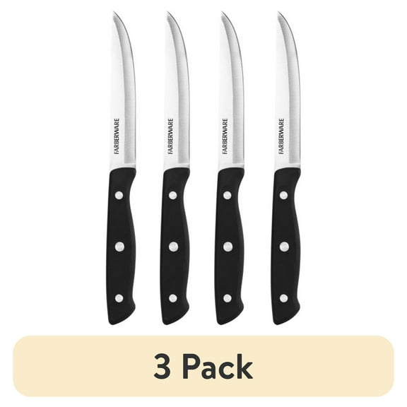 (3 pack) Farberware Classic 4-Piece Stainless Steel Steak Knife Set, Black Handles