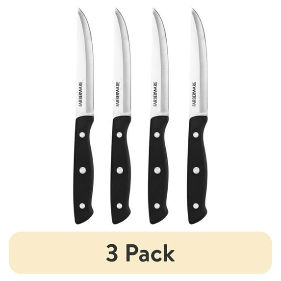 (3 pack) Farberware Classic 4-Piece Stainless Steel Steak Knife Set, Black Handles